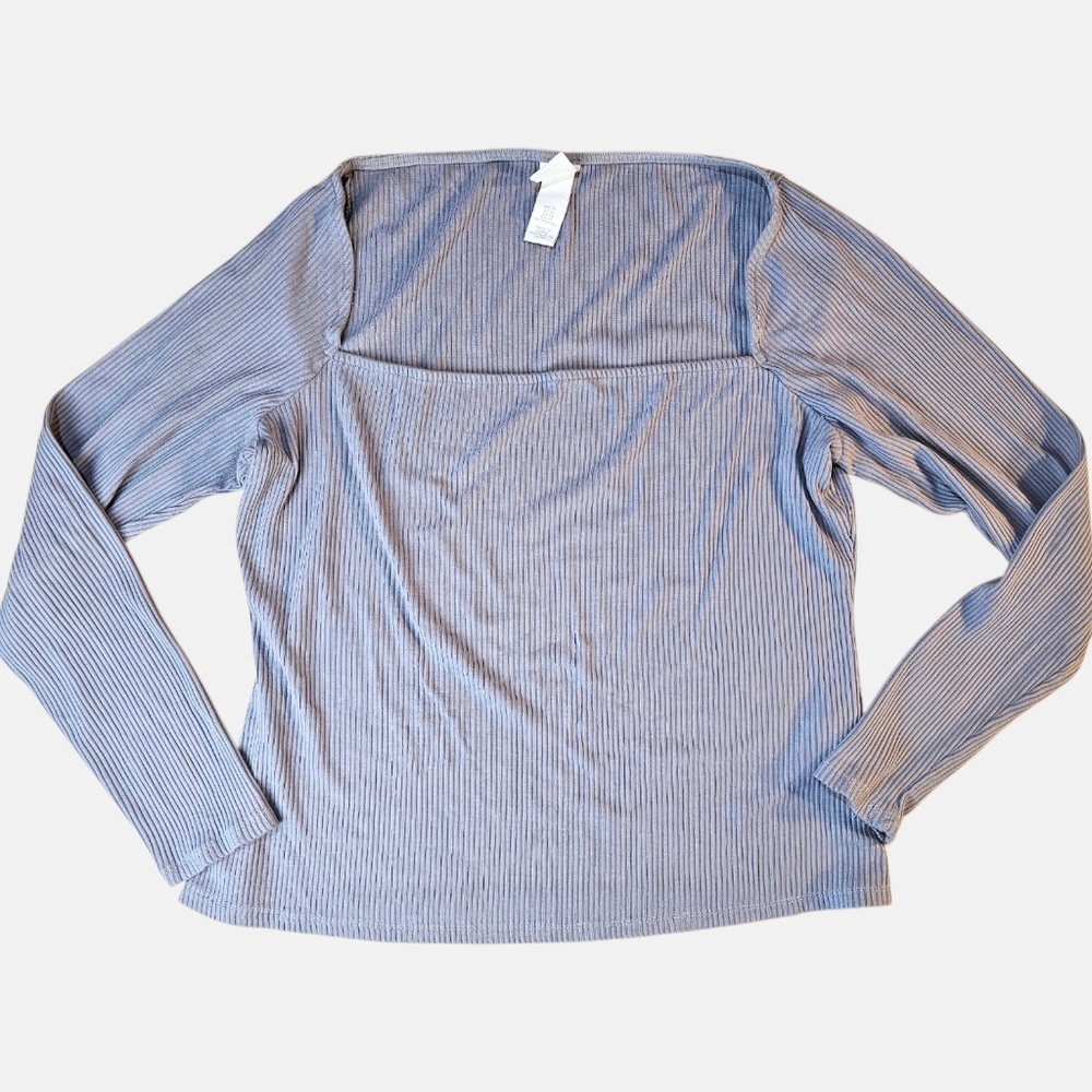 ✨ H&M Ribbed Square Neck Tibbed Square Neck Top Grey Long Sleeve Size XL ✨